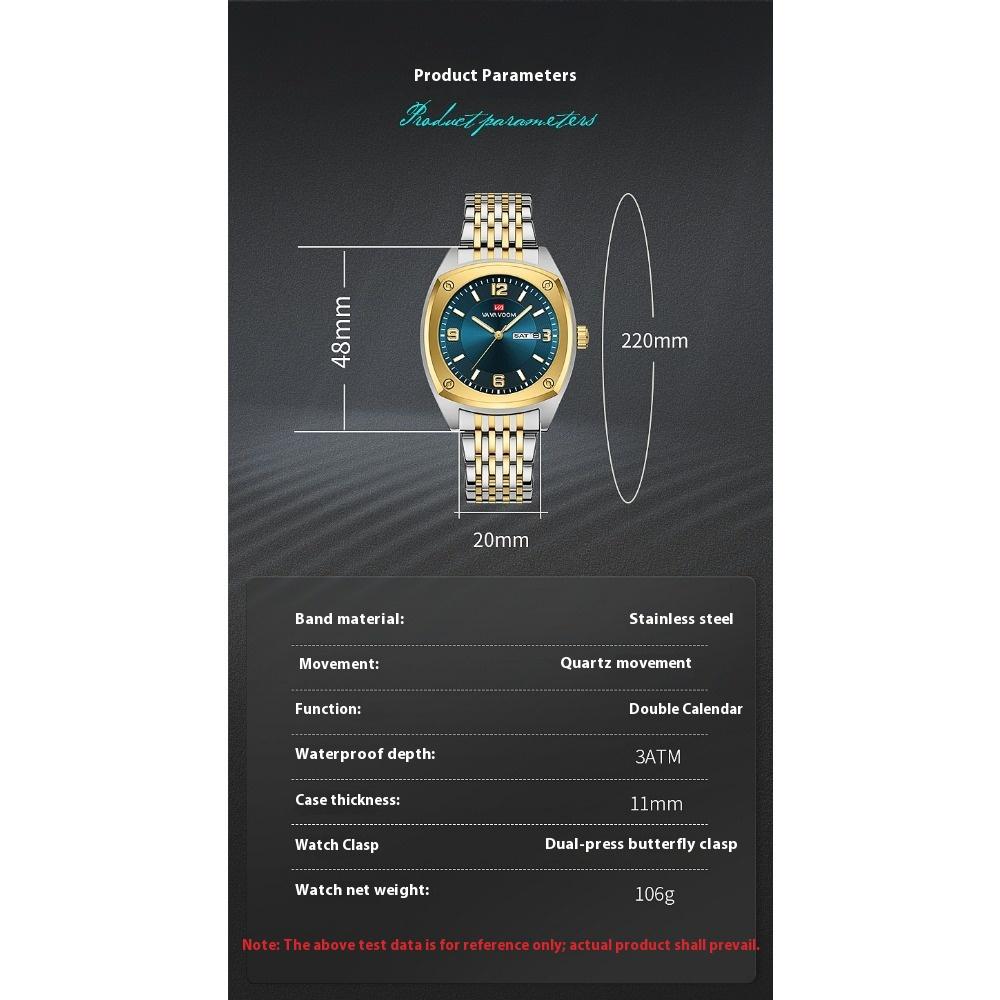VA VA VOOM Dual Calendar Business Men's Watch Waterproof Luminous Quartz Steel Belt Watch
