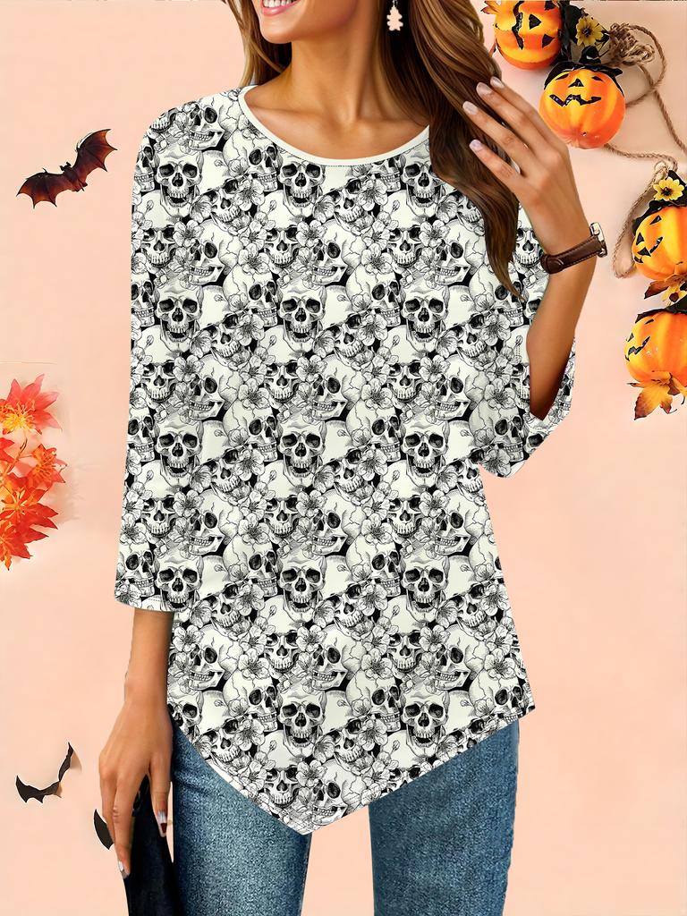 Women's Loose Round Neck Three Quarter Sleeve Tee 3D Halloween Pattern Ideal Halloween and Christmas Gift