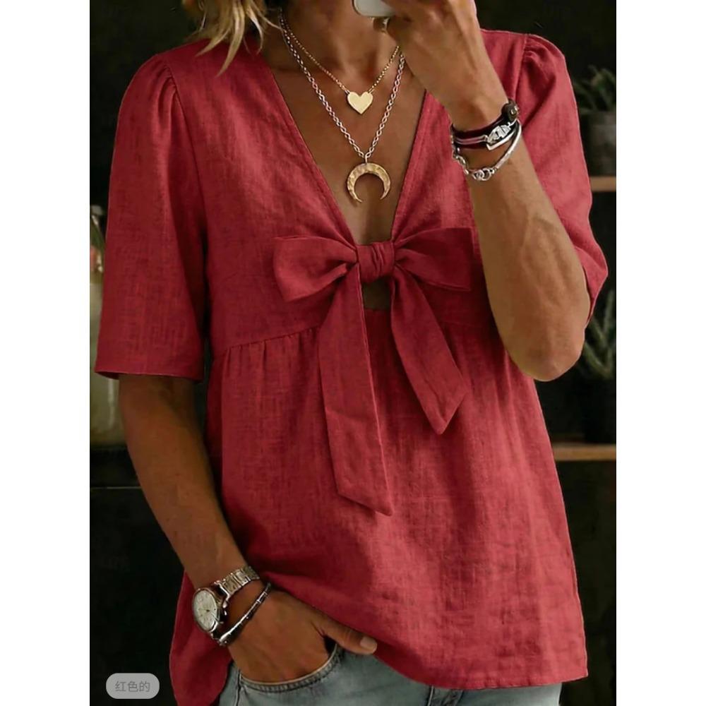 Women New Summer Fashion Loose Casual V-neck Tie Bow Blouse