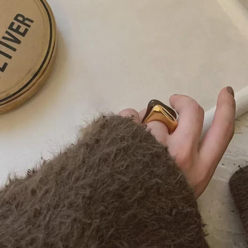 French Niche Designer Brown Enamel Ring, Milky White, Copper-Plated, 18K Gold, Fashionable, Simple, for Women