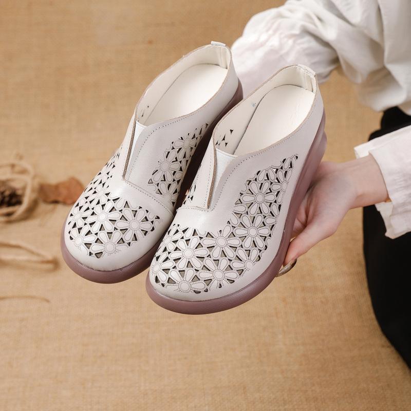 The First Layer of Cowhide Muffin Sole Heightening Women's Shoes Casual Leather Hollow Women's Slippers Breathable and Comfortable Hole Shoes
