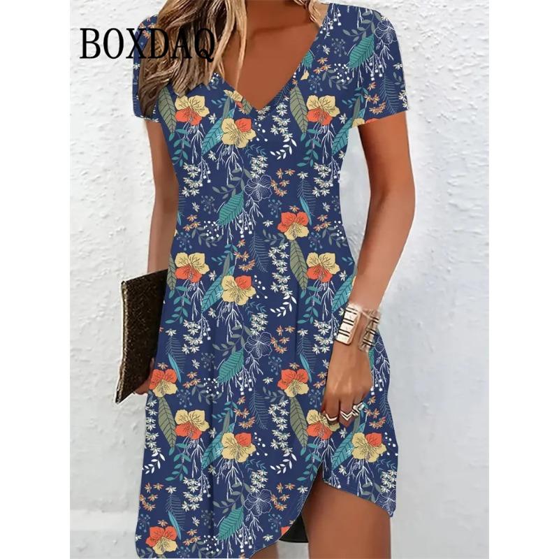 Women's Summer Dresses V Neck Short Sleeve Tie Dye Gradient Printed Women's Dress Casual Streetwear Elegant Fashion Loose Dress