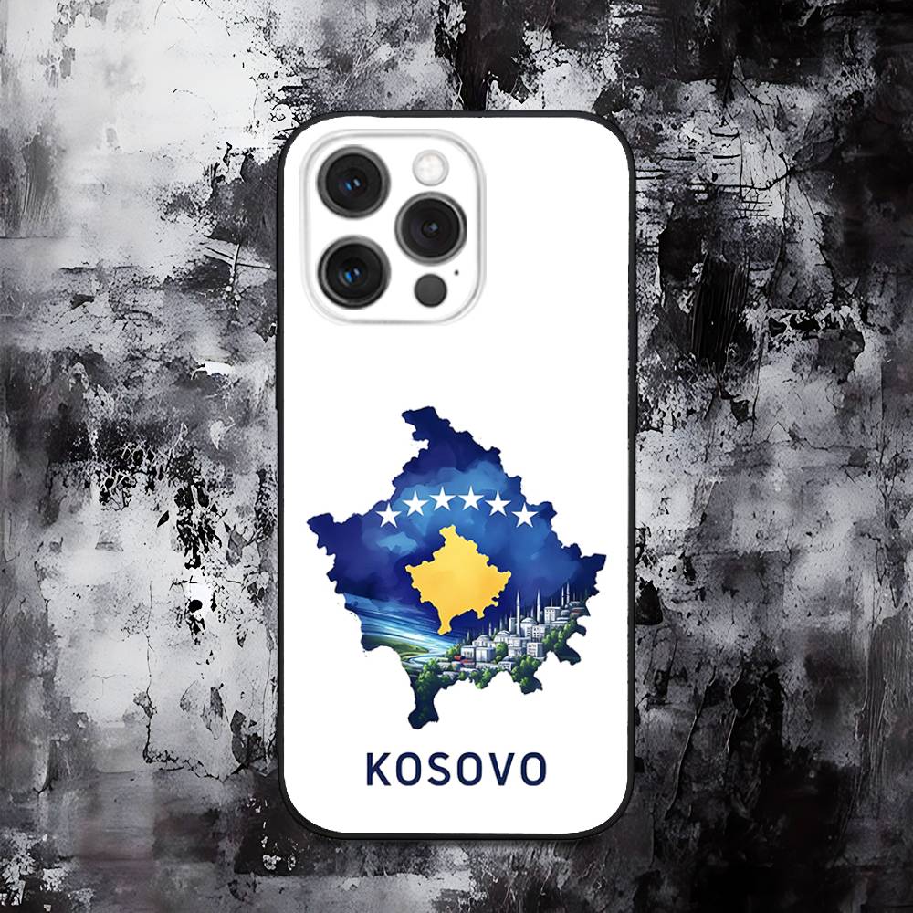 Kosovo Flag Map Phone Case For iPhone 16,15,14,13,12,11,Pro,Max,Plus,X,XS,SE,E,Mini,Soft Silicone Black Case