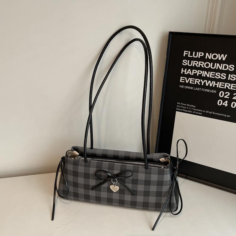 Bow small bag women's summer new fashion plaid baguette bag summer simple commuter shoulder bag