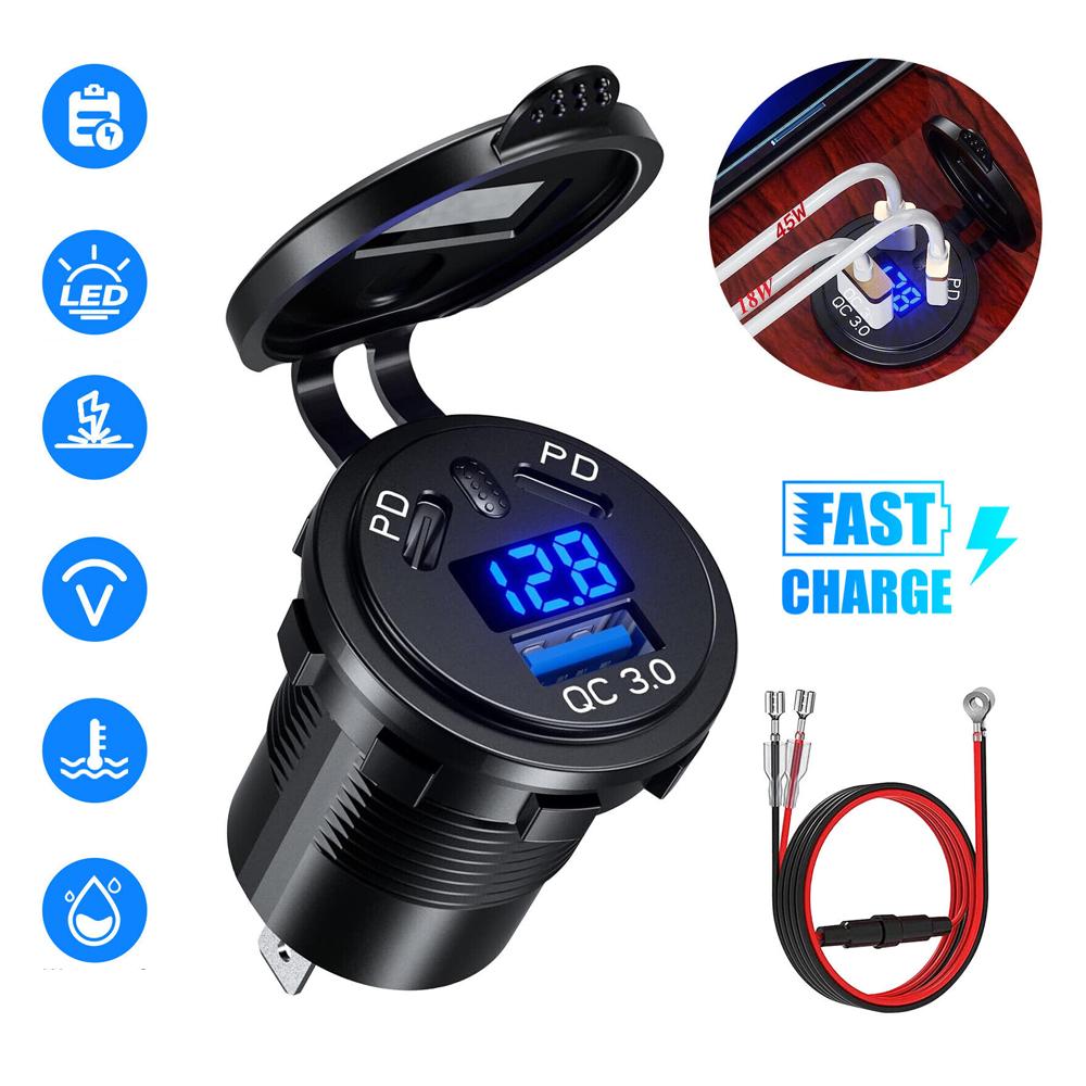 1Pc Car Charger Socket Black Dual PD USB Port Power Outlet LED Digital Display Quick Charger Auto Electronics Accessories