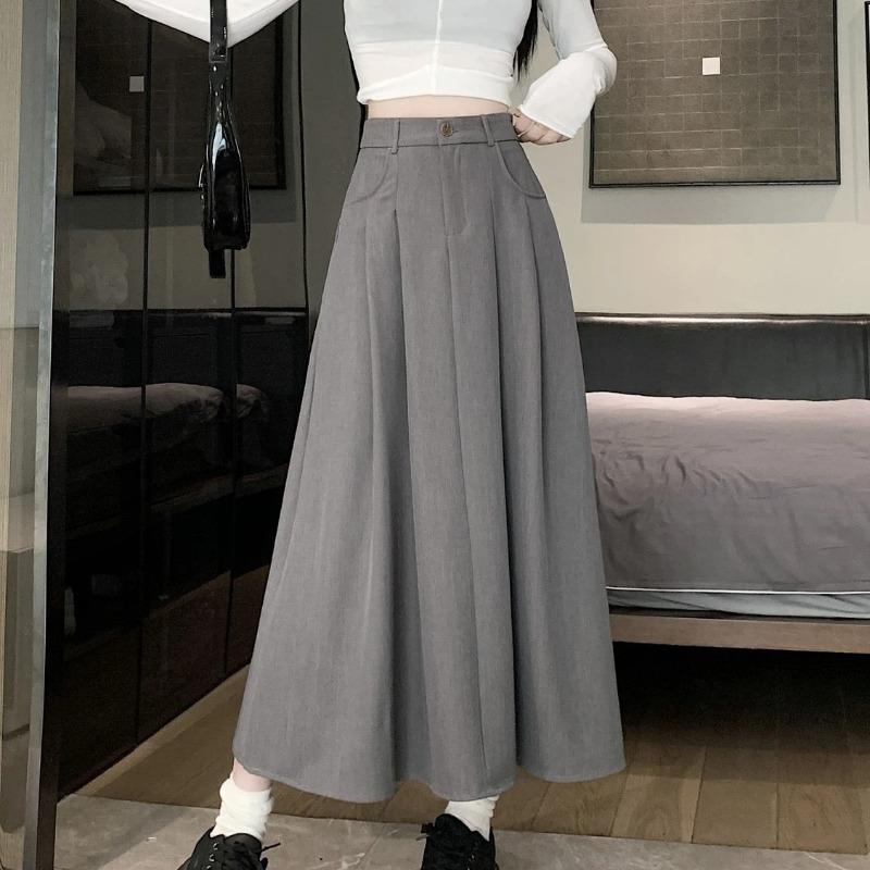 Spring Summer Women High Waist Skirt A-Line Maxi Flowy Fabric Casual Chic Pleated Long Skirt with Pockets M
