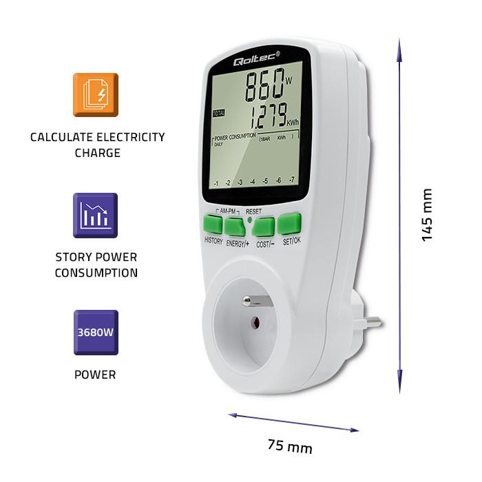 Qoltec Watomierz Energy Consumption Meter PM0627 with Measurement History | 3680W | 16A | LCD