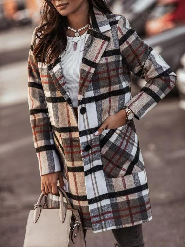 2025 Plaid Woolen Long Overcoat: Autumn/Winter Women's Lapel Outerwear, Single-Breasted Design.