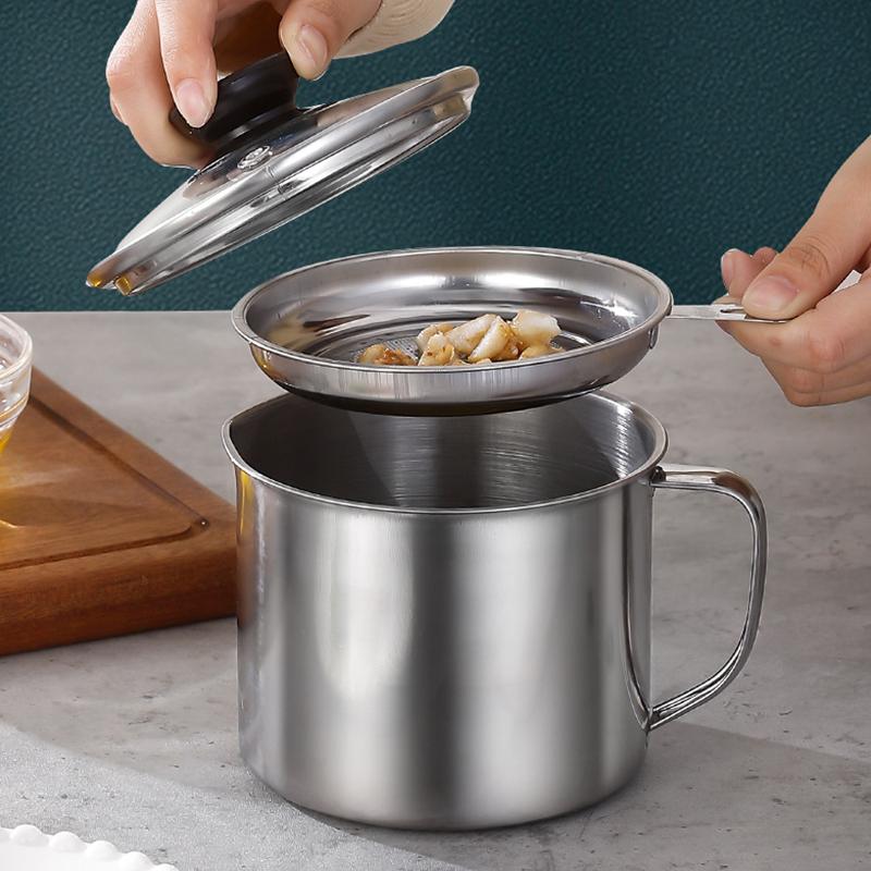Glass Lid Bacon Grease Container Deep Fryer 1.3L Keeper With Handle Easily Refill Filter Pot Grease Strainer , With Glass Lid