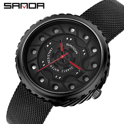 SANDA New Men's Mesh Belt Business Quartz Watch Hollow Large Dial Fashion Personality Trend Watch