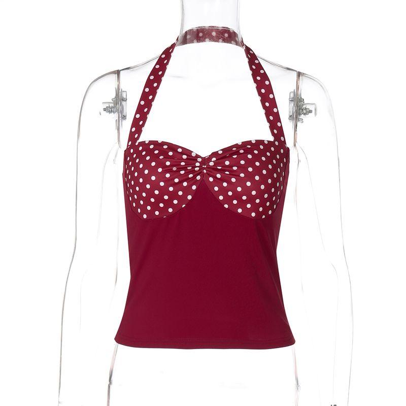 

Gusty French Style Pure Desire Sexy Polka Dot Print Halter Spaghetti Straps Vest Retro Hong Kong Style Wine Red White Tops Burgundy S