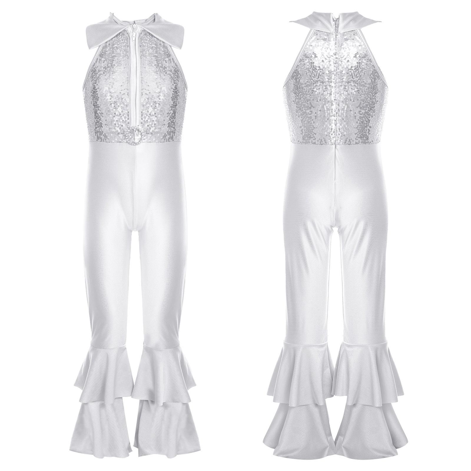 

Girls Shiny Sequined Dance Leotard Turndown Collar Sleeveless Tiered Bell Bottom Pants Diamond O-Ring Front Zipper Closure 5-6 Years срібний