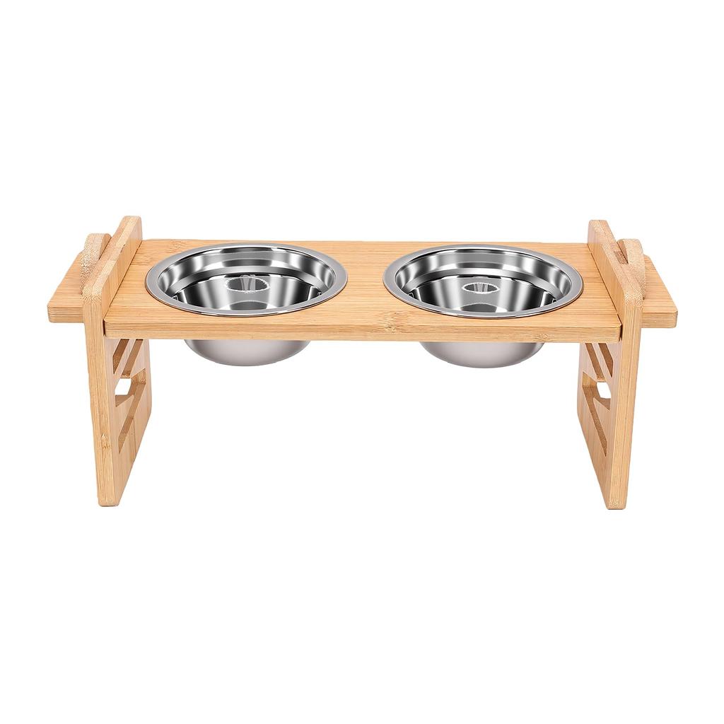 Adjustable Elevated Dog Bowls Tilted Wood Stainless Steel Raised Pet Food Bowls for Small Medium Dogs Cats