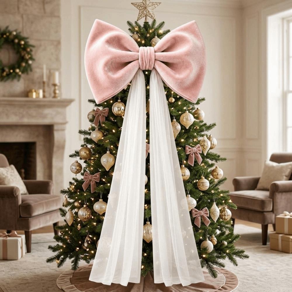 Mesh Tulle Large Velvet Christmas Bow Ornaments Tree Bow with Long Tails Wedding