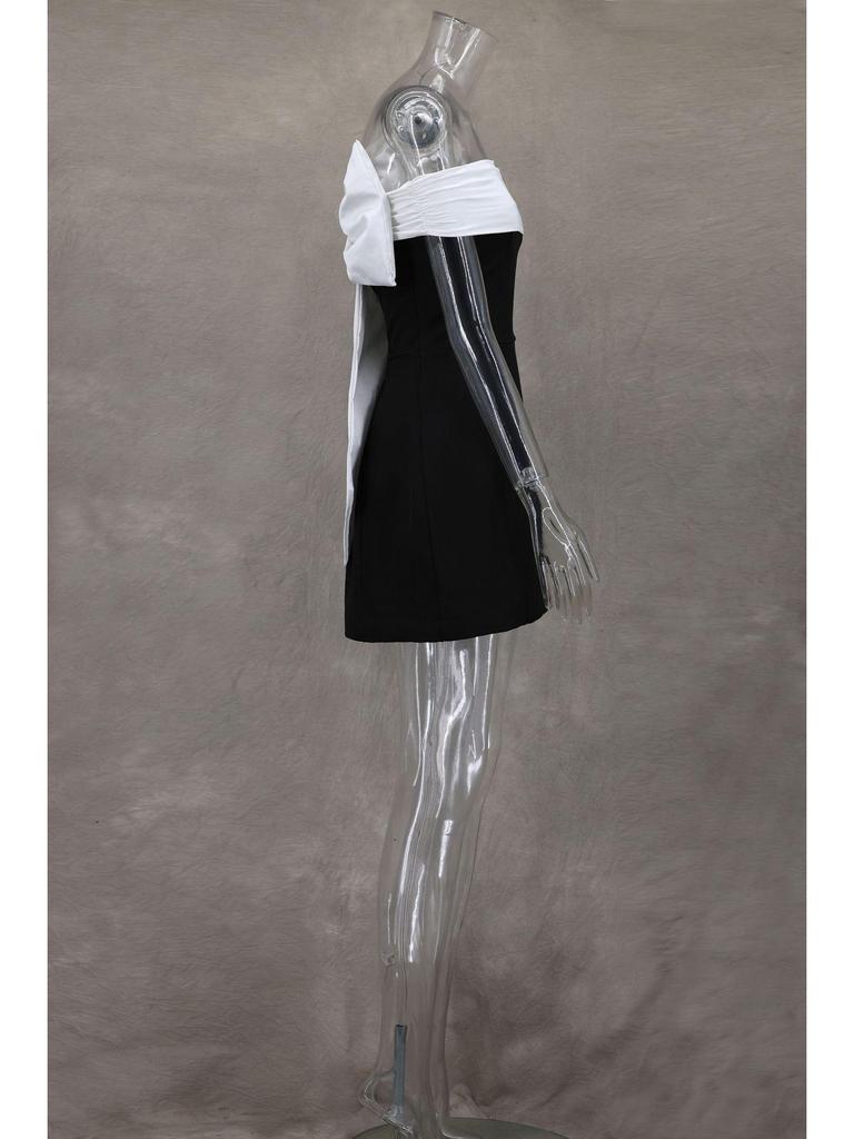 One-Shoulder Black & White A-Line Dress with Bow - Waist-Defining Design, Spring/Summer