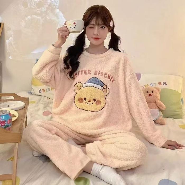 2024 Autumn Winter Flannel Warm Women's Pajamas Sets Long Sleeve Women Sleepwear Plaid Pants Two Piece Set Pyjamas Coral Velvet Pijama Homewear Girl