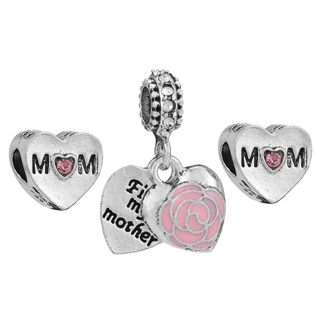 3pcs /Lot Pink Love Heart Beads Enamel Mom Pendant Fit Diy Brand Charm Bracelets Necklaces For Women Mother Jewelry Making