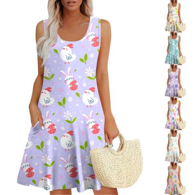 Womens Summer Dresses Easter Print  Loose U Neck Sleeveless Sundresses Dress With Pockets