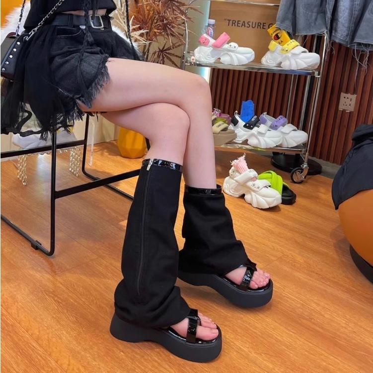 Retro Denim Zehen-Hosenstiefel! Sommersandalen tragen dicke Sohle Wasteland-Stil dünne kühle Stiefel