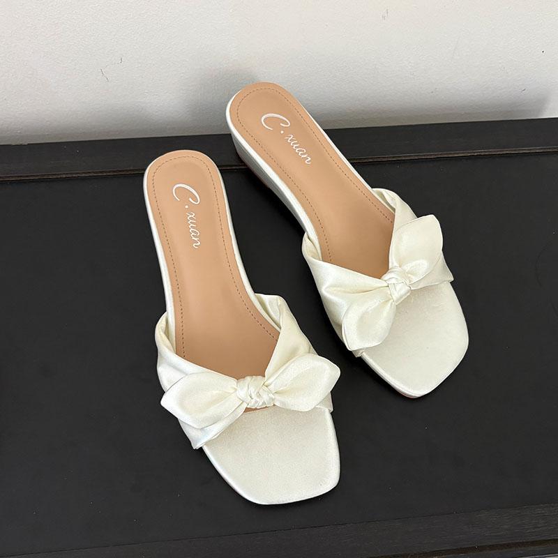 

Fashion Female Wedges Footwear Women Low Heel Slippers Shoes Fashion Butterfly-Knot Elegant Ladies Heeled Slippers Sandals Shoes Pumps 35 бежевый