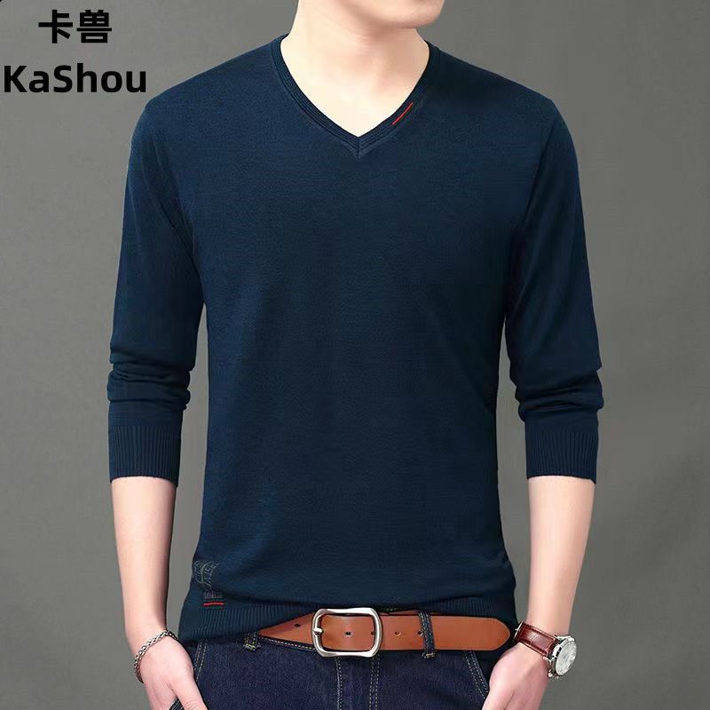 2023 New Spring and Autumn Thin Simple Casual Thread V-neck Long Sleeve Solid Oversized Men's Knitted Underlay Pullover Sweater