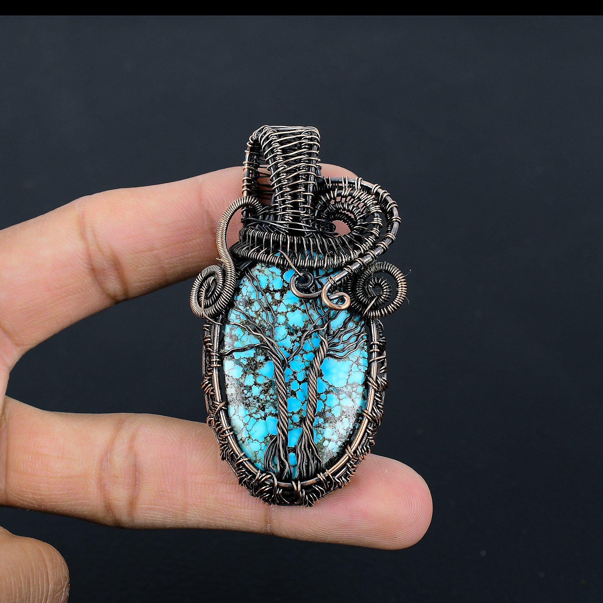 

Double Tree of Life Tibetan Turquoise Pendant, 999 Copper Wire Wrapped Gemstone Jewelry, Handmade Pendant, For Thanksgiving 2.55 Inches
