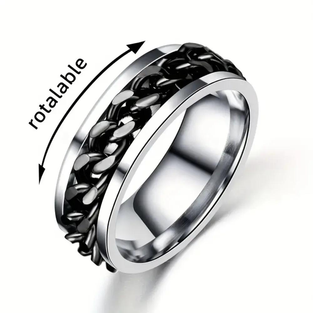 Stainless Steel Men's Woman Cool Rotatable Chain Ring Casual Finger Ring, Exquisite Men's Accessory Zircon