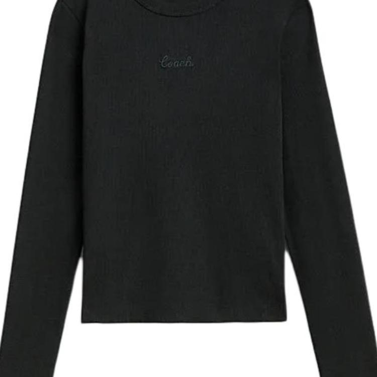 Coach Embroidered Ribbed Crew Neck Long Sleeve Shirt Women tops Black CU436-BLK