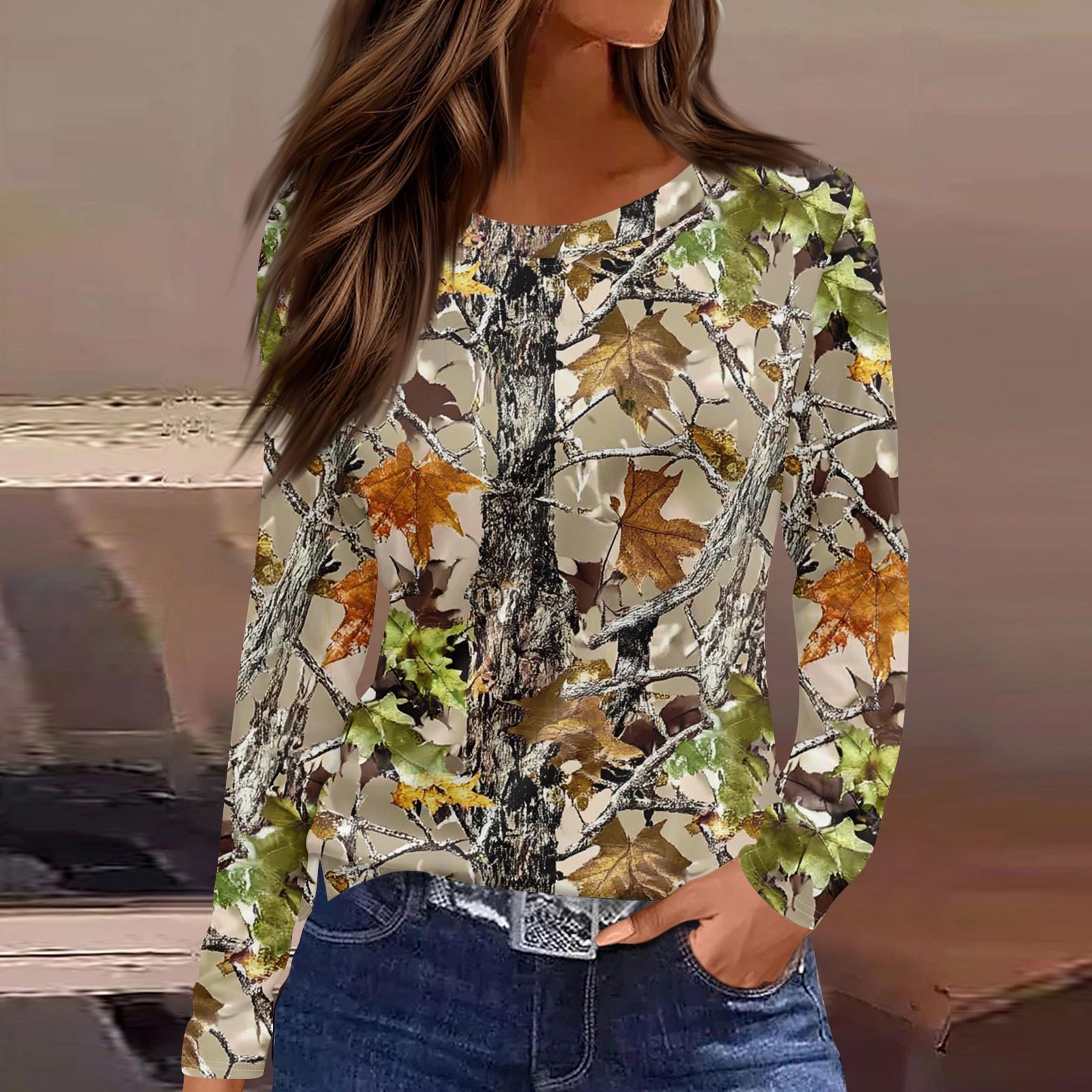 

Женская мода повседневный топ с разрезом по низу и принтом мертвых листьев, круглый вырез, длинный рукав L армия зеленый