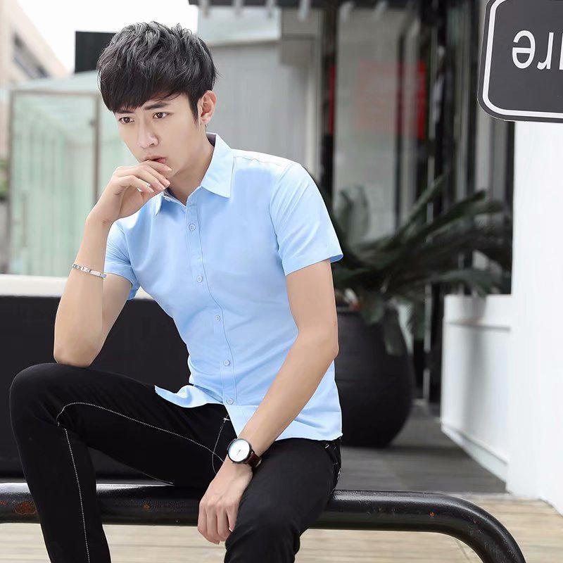 2026 New Style Men's Blue Slim Fit Short-Sleeved Business Casual Shirt