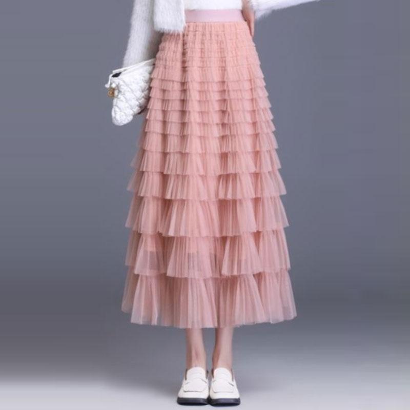 Elastic Waist Mesh Long Skirts for Women Elegant Vintage High Waist Ball Gown Gauze Cake Skirt Female Clothes