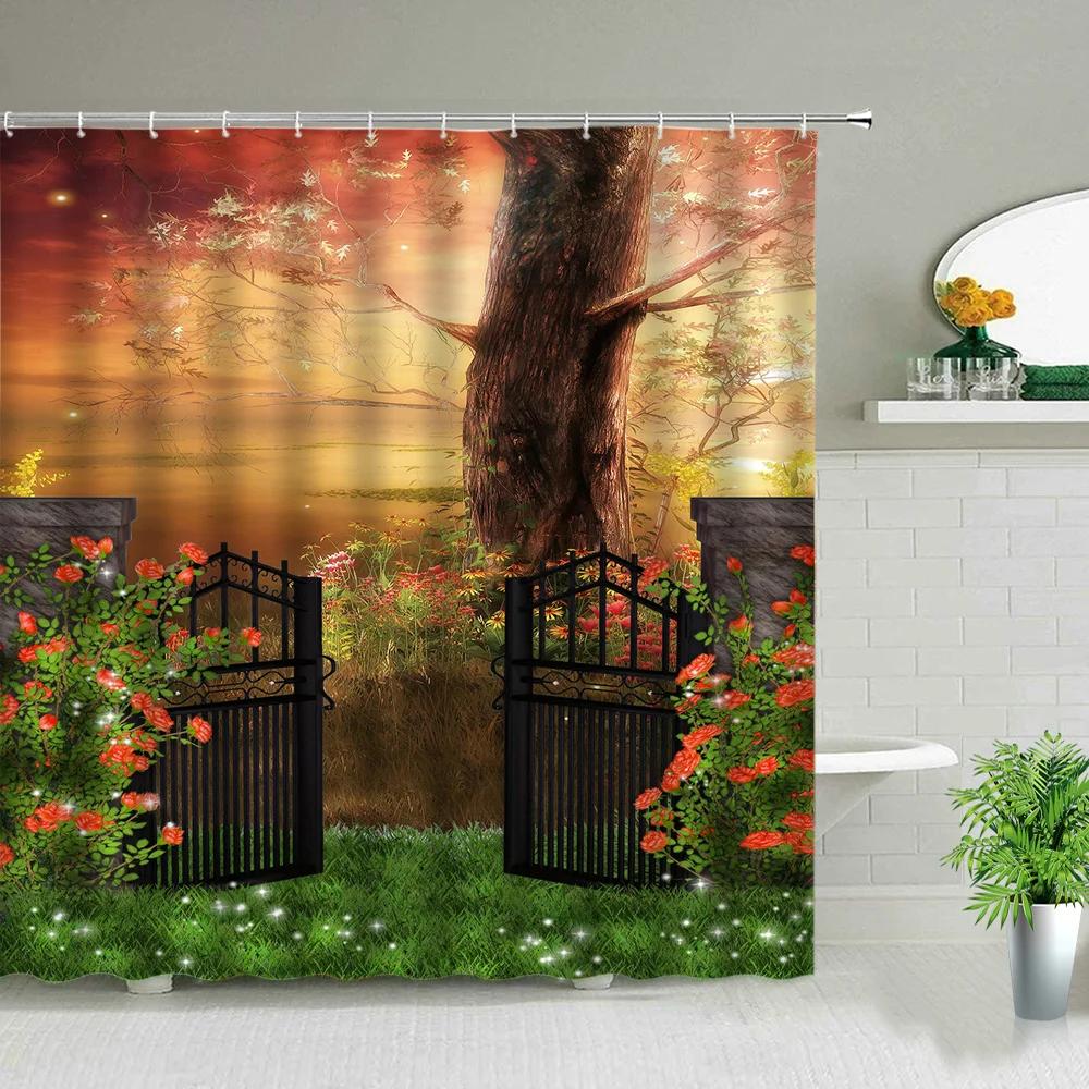 Beautiful Wing Elves Girl Shower Curtain Fantasy Enchanted Forest Bathroom Decor Deer Mushroom Flower Backdrop Hanging Curtains