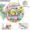 2D Flat Aluminum Hello Spring Door Sign for Front Door, Round Hanging Plaque with Mason Jar & Tulip Flower Design, Rustic Farmhouse Porch Wall Decor