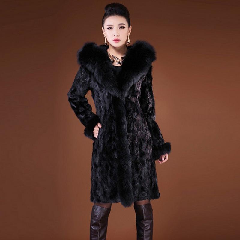 autumn and winter new imitation mink coat, black women's long imitation fox hair hooded casual warm coat