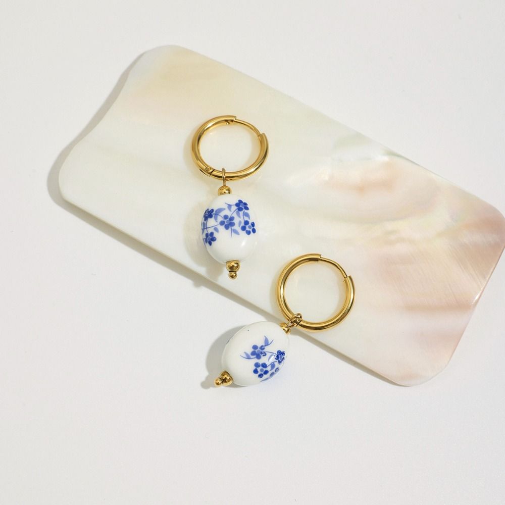Stainless Steel Blue and White Porcelain Earrings Chinese Style Gold Hoop Earrings  Lady