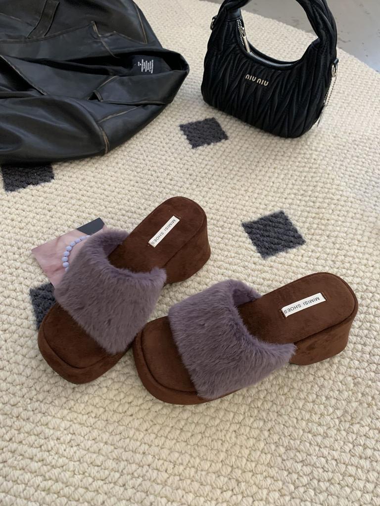 French fashion leopard print thick high-heeled cotton slippers women's 2025 autumn and winter new gentle square head one-word fluffy slippers