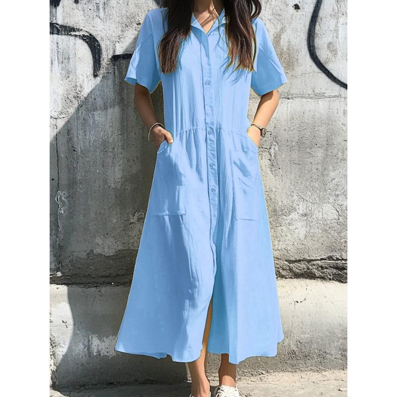 JPNTKY Women's Fashion Summer Spring Solid Color Print POLO Neck Short Sleeve Casual Dresses