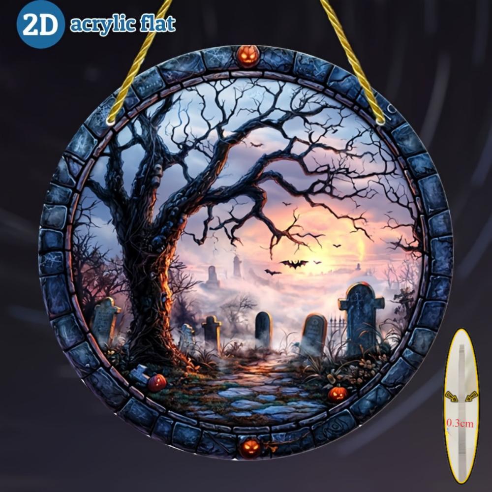2D flat round acrylic pendant, Halloween cemetery bat and pumpkin pattern art decoration plaque, for window, wall, porch, classroom, yard  decoration