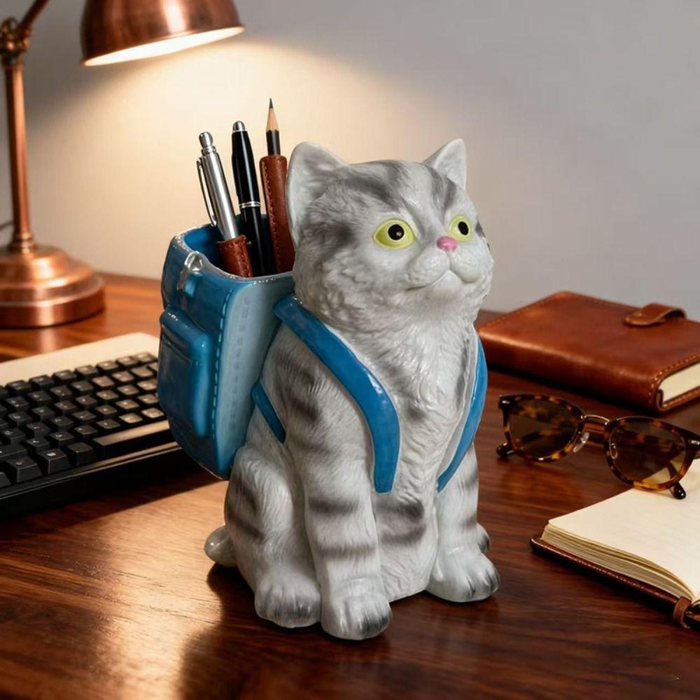 Creative Cat Backpack Pen Holder Cartoon Makeup Brush Holder Office Supplies