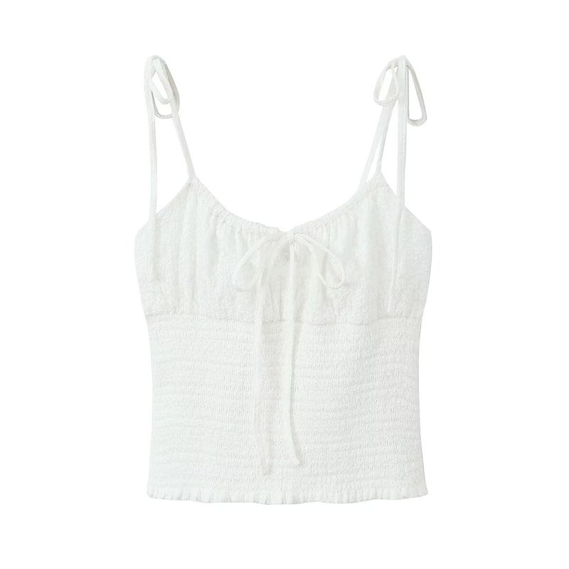 Kaslead New Arrival Women's Clothing Fashion Style Fashion Casual Minimalist French Embroidery Waist Trimming Spaghetti Straps Short Tops