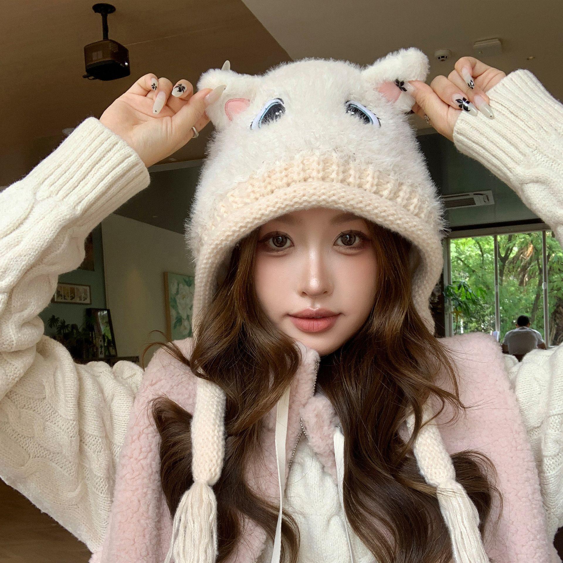 

Смішна мультяшна вушка Трапперка Жіноча Звуження обличчя Зимова тепла В язана кепка-бомбер Для подорожей на відкритому повітрі One size fits all бежевий