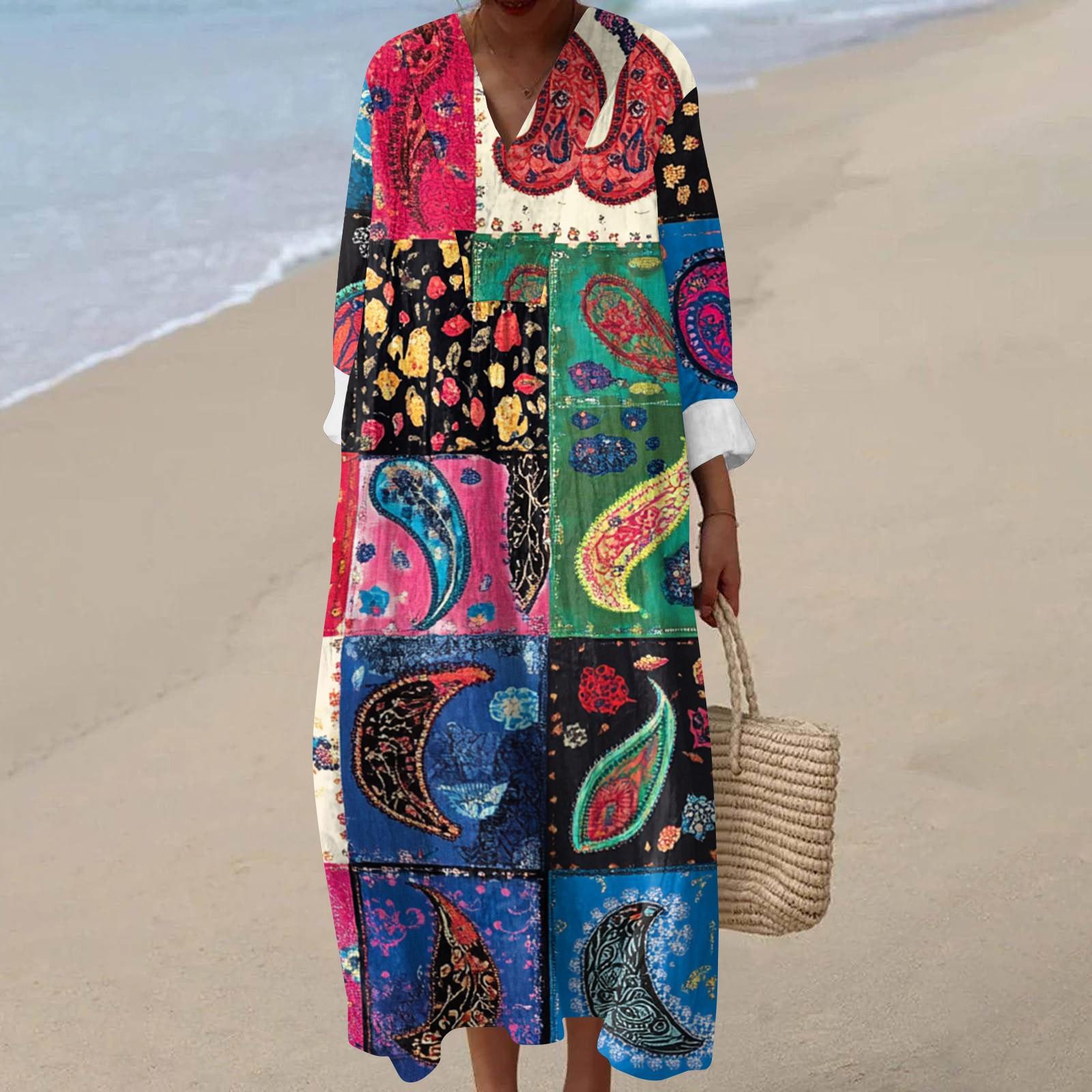 

Женское повседневное модное платье макси с V-образным вырезом и длинными рукавами с цветочным принтом XL синий