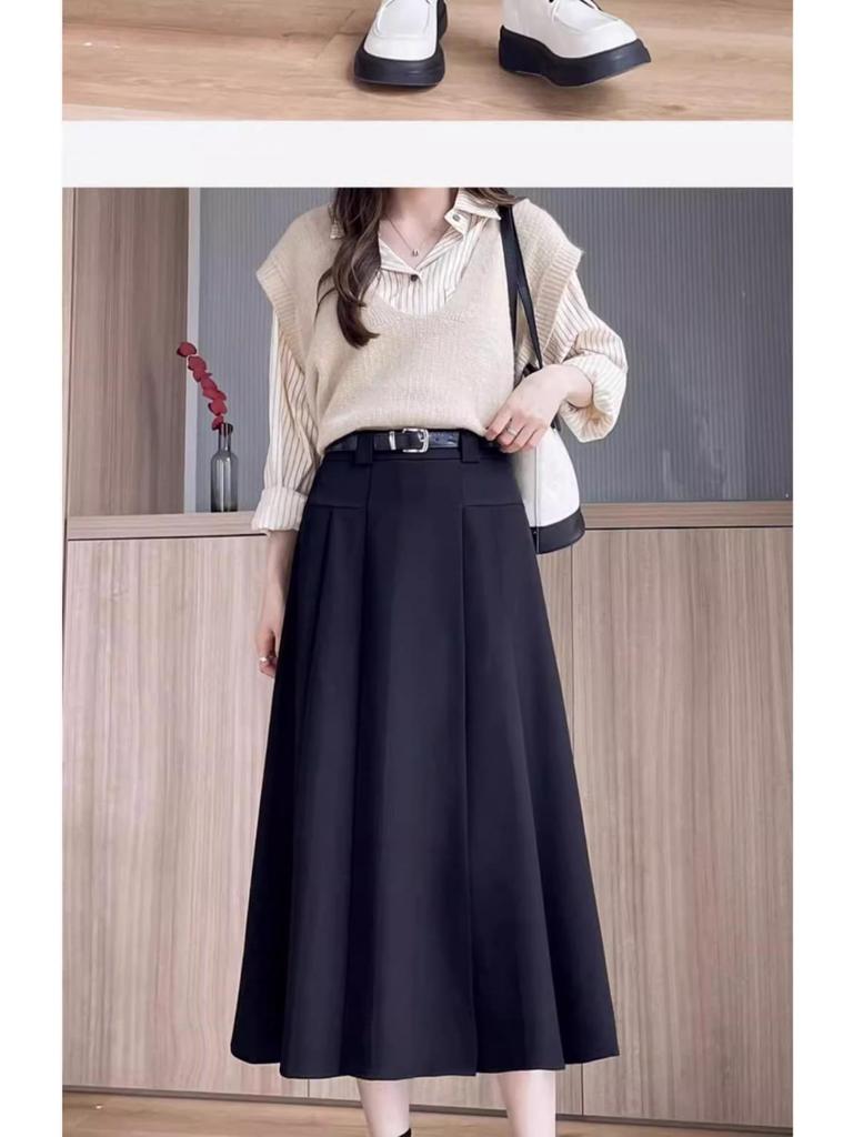 Pleated Midi A-line Skirt with Invisible Zipper & Belt