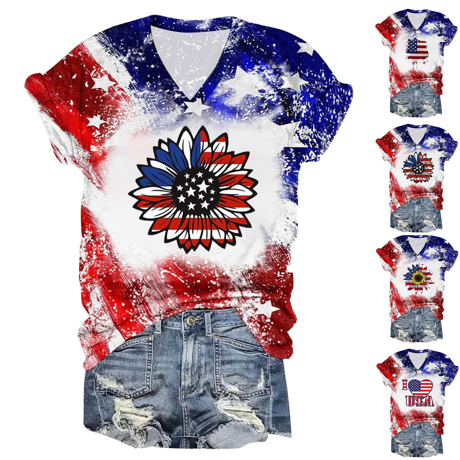 

Женская летняя модная повседневная блузка с v-образным вырезом и коротким рукавом с принтом ко Дню независимости