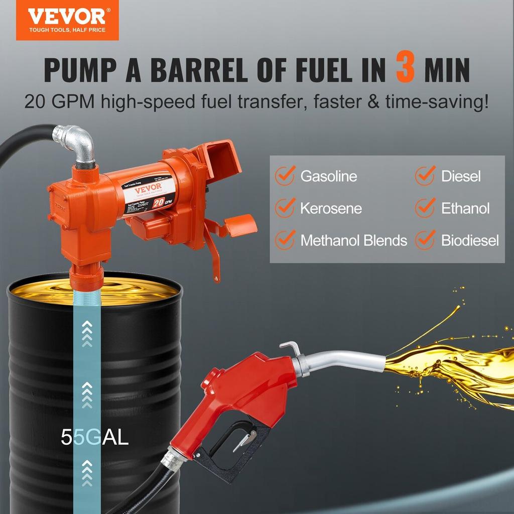 Fuel Transfer Pump, 12V DC 20 GPM 1/4 HP, Gasoline Extractor Pump with Automatic Nozzle, Discharge Hose & Suction Pipe for Gasoline, Diesel, Kerosene,
