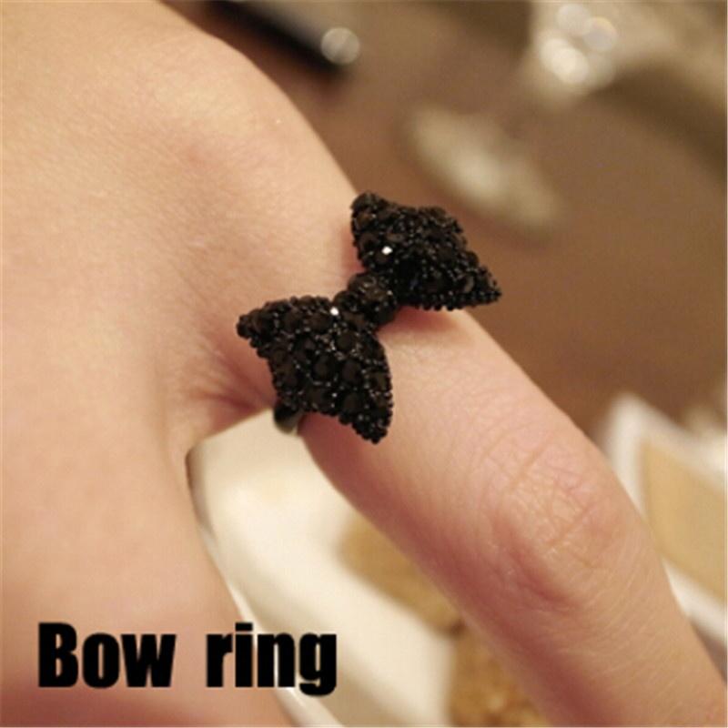 Women Fashion Vintage Cute Black Rhinestone Butterfly Bow Rings Jewelry Accessories