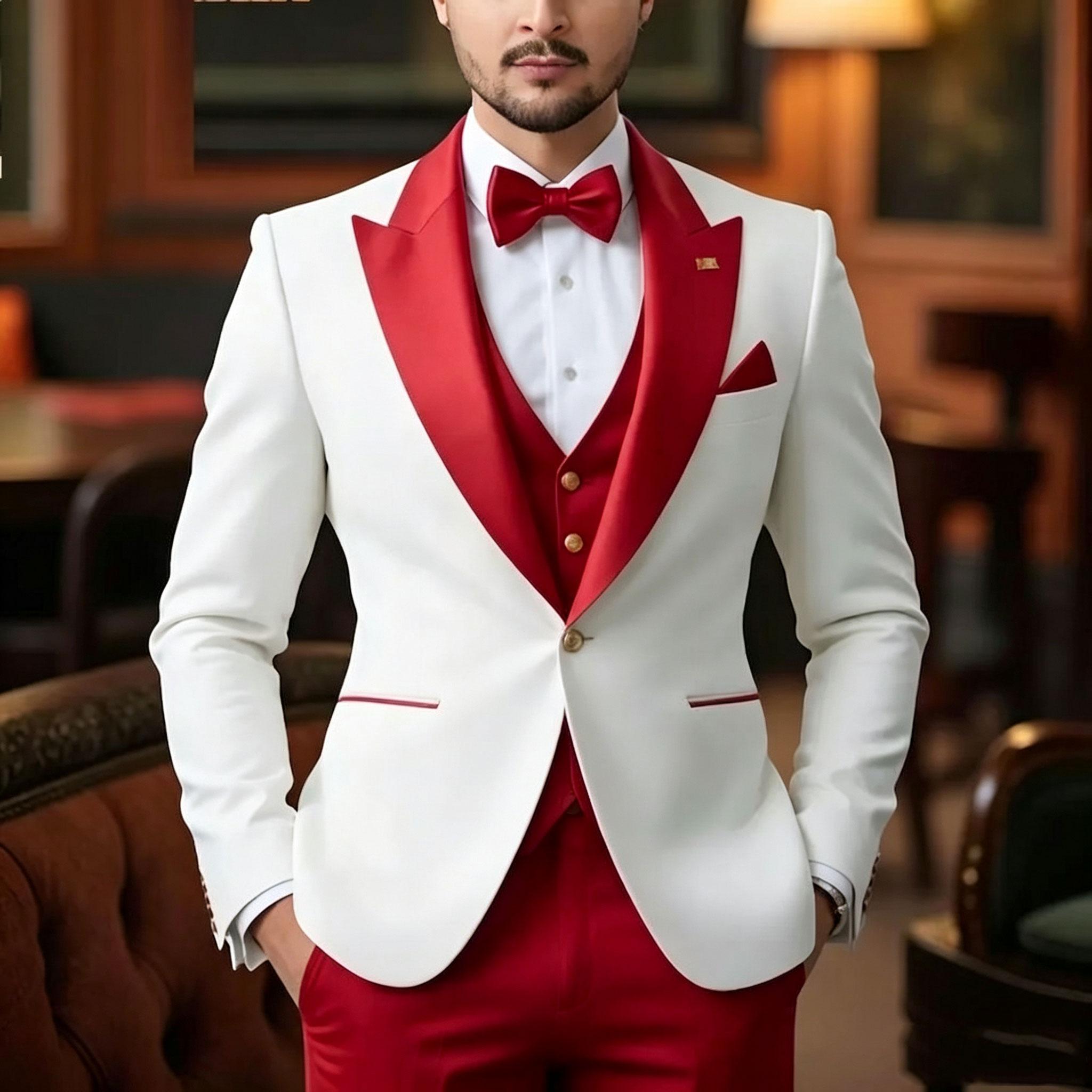 New Red and White Tuxedo Suit Elegant Business Formal Slit Fit Men s Suits Workplace Outfit for Men (Blazer+Vest+Pant) S