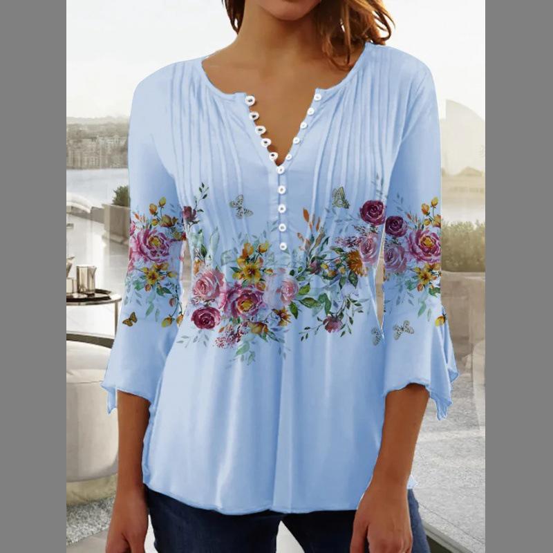 European and American Spring and Summer Fashionable Women's Floral Print V-neck Short Sleeved Pleated Button T-shirt with A Base