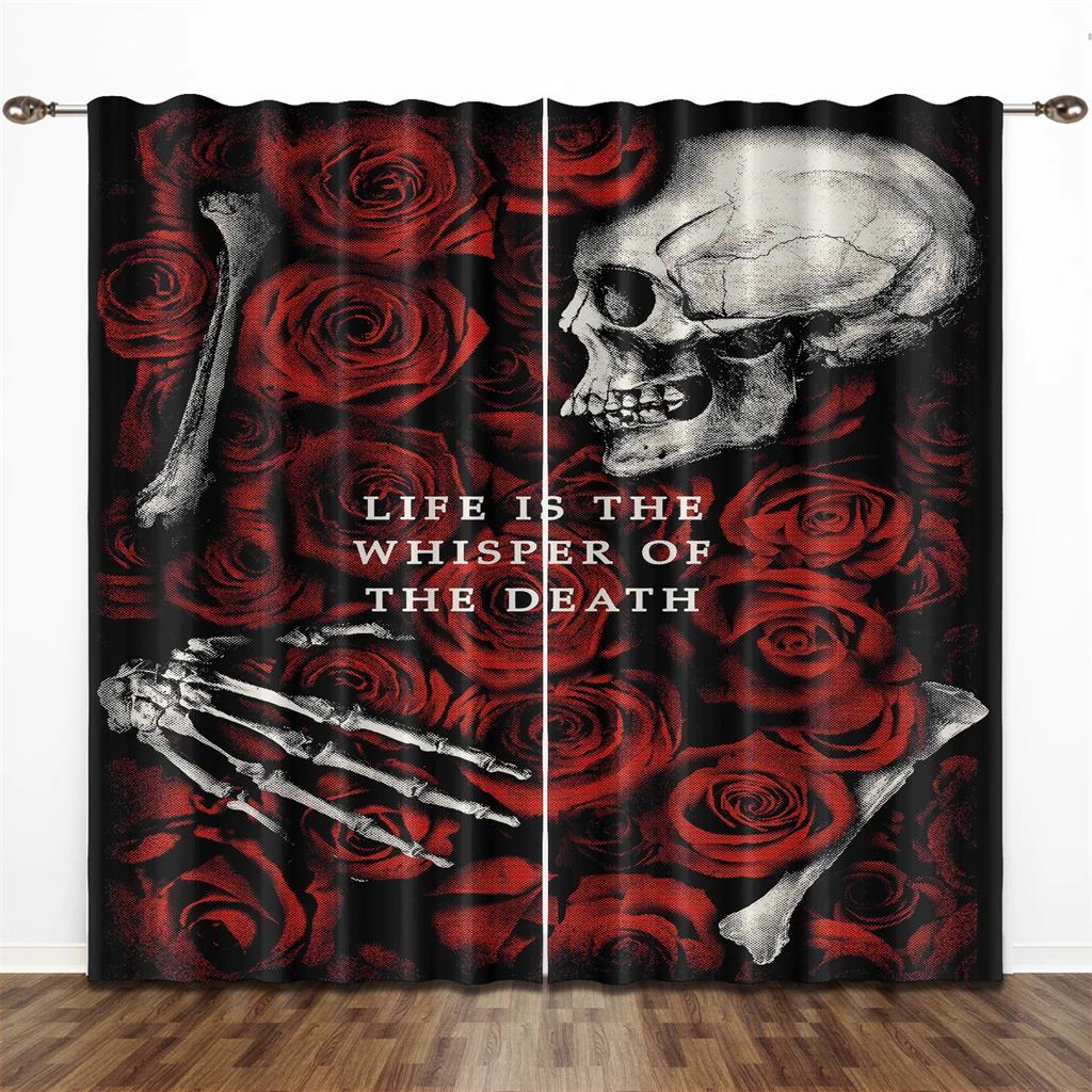 King Punk Couple Gothic Horror Female Skull Dead Rose Drapes Light Filtering Window Curtains for Living Room Bedroom 2 Pieces