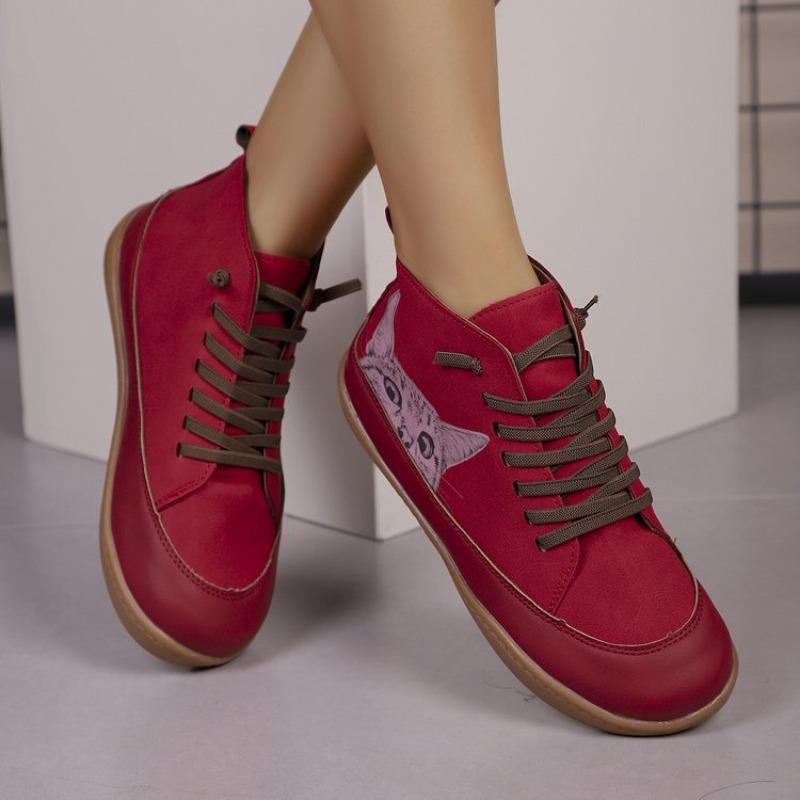 Botas Femininas Plus Size Estampa de Gato Cano Curto Salto Baixo Cadarço Moda Confortáveis Todas as Estações Primavera Outono